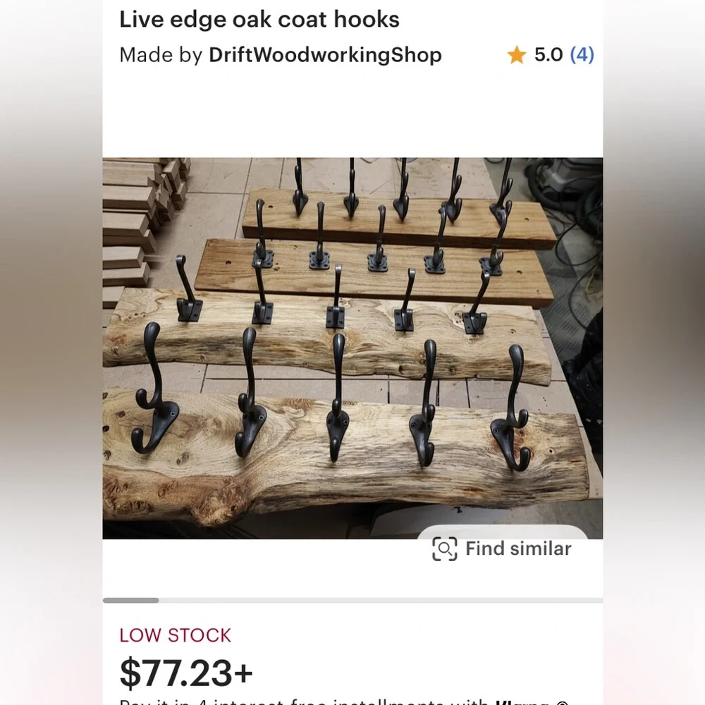 Hand Crafted Natural Live Edge Wood, w/5 Wrought Iron Hooks, & Jute rope.